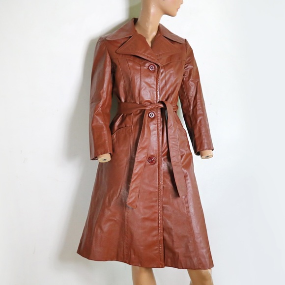 VTG 60S 70S MOD DARK TAN BROWN SPOON DOG EAR COLLAR ZIP LEATHER JACKET COAT 4 main image 1